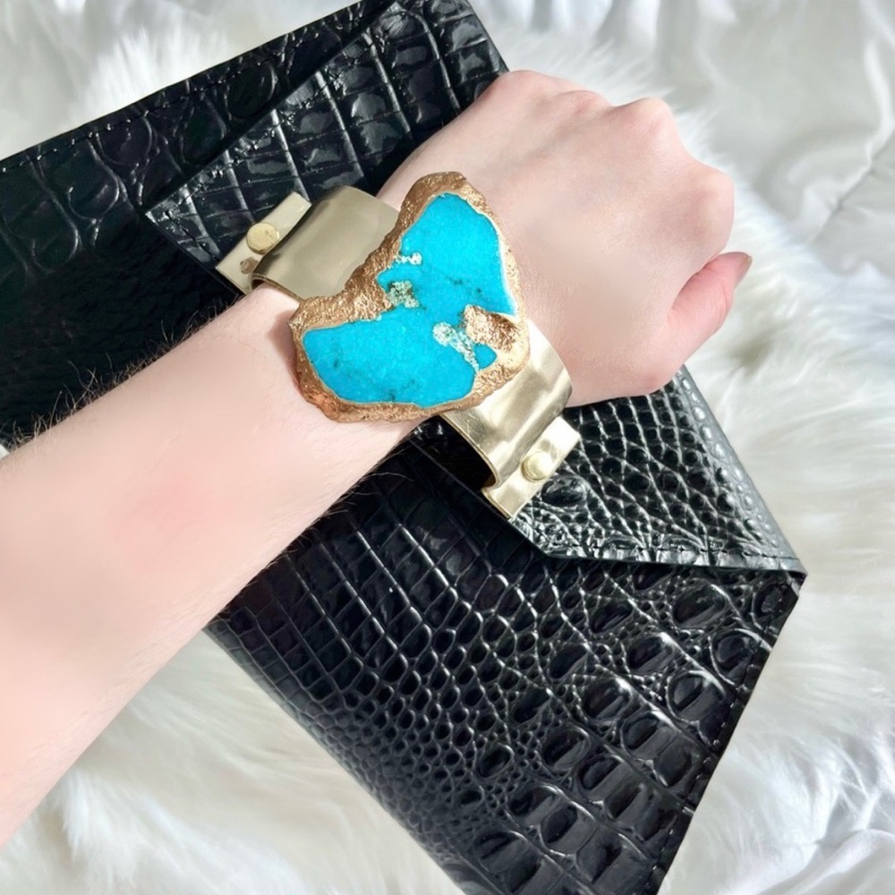 Black Embossed Leather Bracelet Clutch with High Quality Blue Turquoise